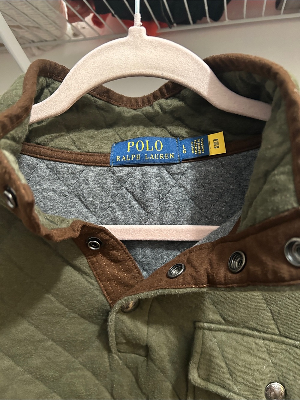 Polo by Ralph Lauren Olive Green Quilted Pullover Sweater with Brown Trim - Picture 2 of 2